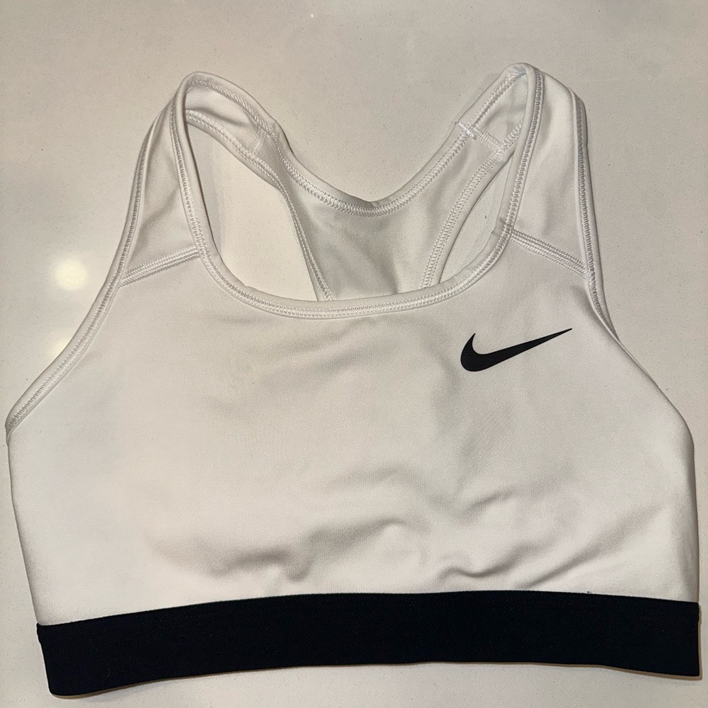 Nike White and Black Sports Bra with Racerback Design